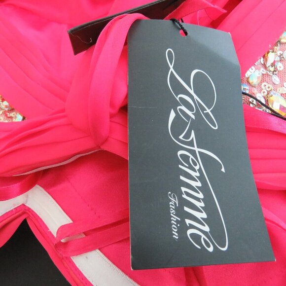 LA FEMME 18733 Beaded Bodice Chiffon Strapless Maxi Prom Dress Watermelon 4 NWT - Picture 15 of 15